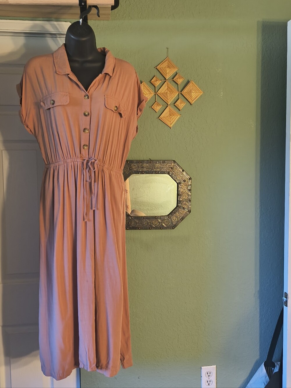 Lucky Brand Rust Terracotta Button Front Midi Dress M Short Sleeve Tie Waist